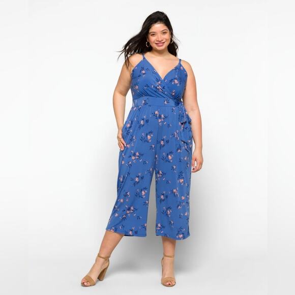 Kaileigh Pants - Kaileigh Rica Sleeveless Floral Midi Length Jumpsuit Boho Garden Girl Blue 2X